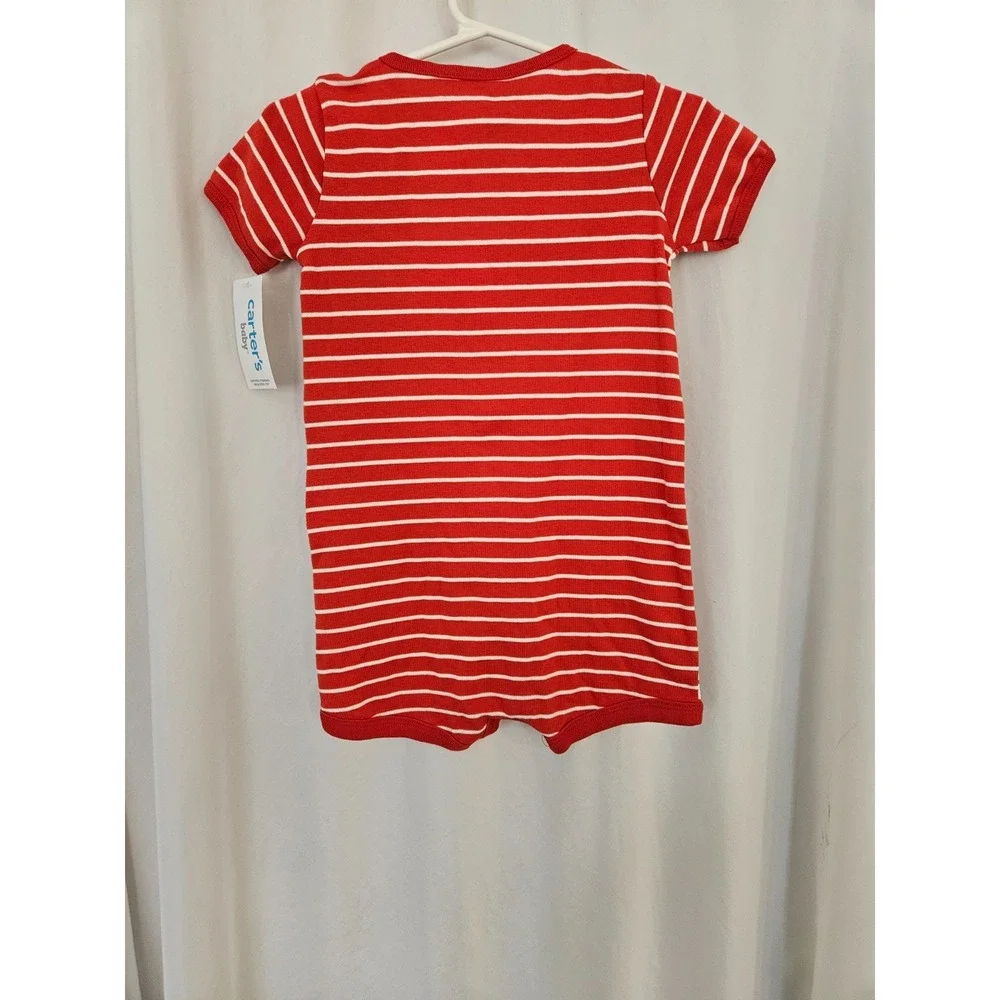 Carters 6 Month‎ One Piece Jumpsuit Navy Blue White Striped with Fire Truck Boys